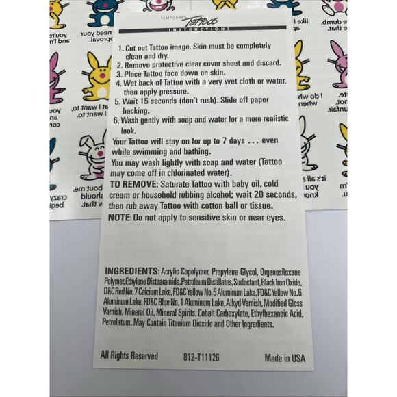 Neo Happy Bunny Temporary Tattoos 2006 Jim Benton Rabbit 5 Sheets 45 Tattoos - Picture 7 of 8